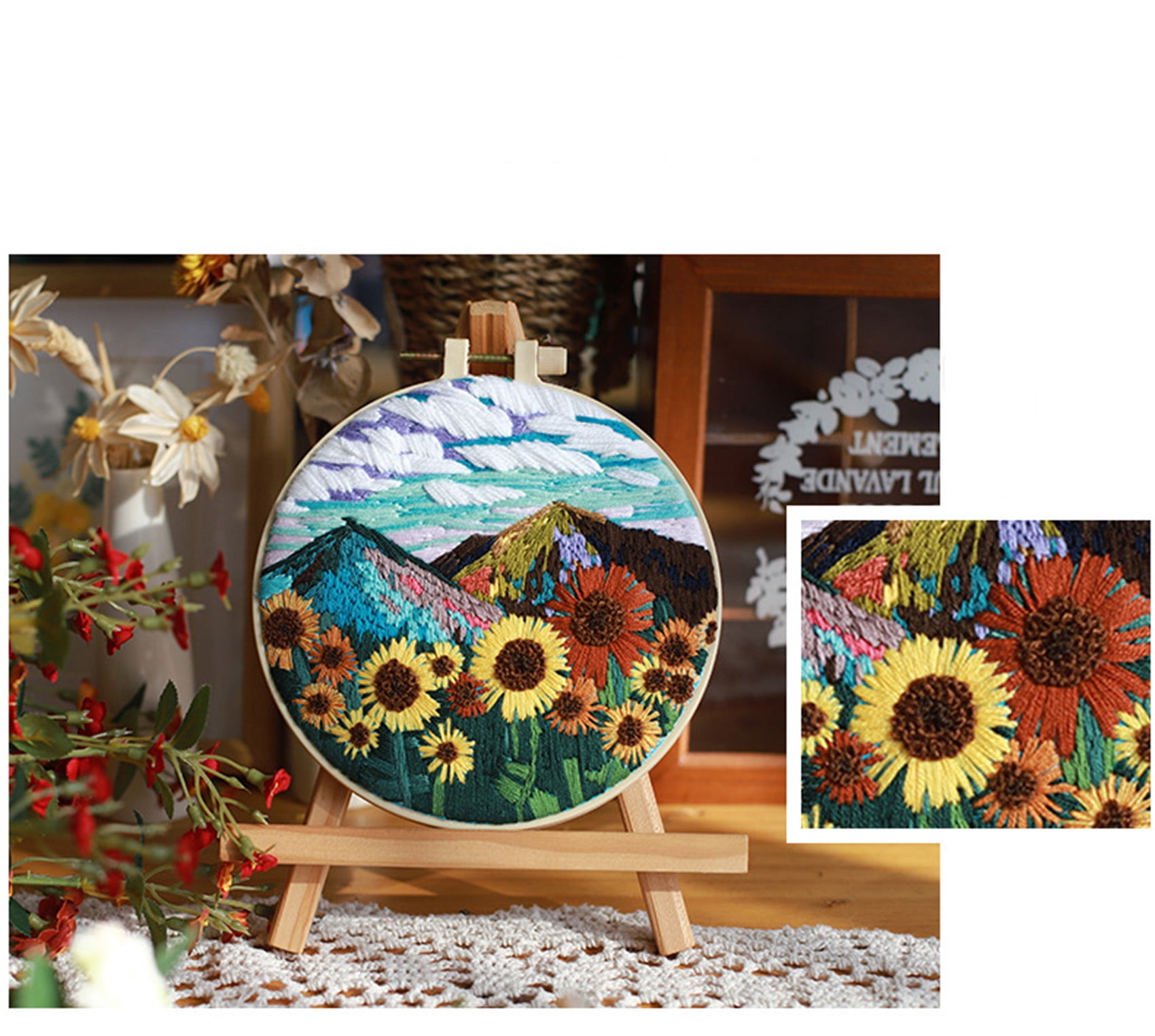 HVEST 3 Pack Embroidery Kit for Beginners - Sunflower Floral & Nature Scene with Embroidery Pattern, Hoop, Complete Cross Stitch Supplies (Needle/Threads/Scissors) DIY Craft for Adults Sewing Hobby