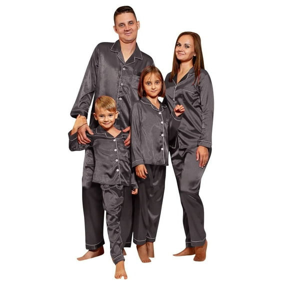 Family Matching Pajamas Long Sleeve Button Down Satin Pajama Set Soft Sleepwear Classic Notched Collar Two Piece Loungewear for Comfortable Night