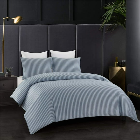 3 Pieces Stripe Quilt Cover Bedding Duvet Cover Set Queen Size Blue