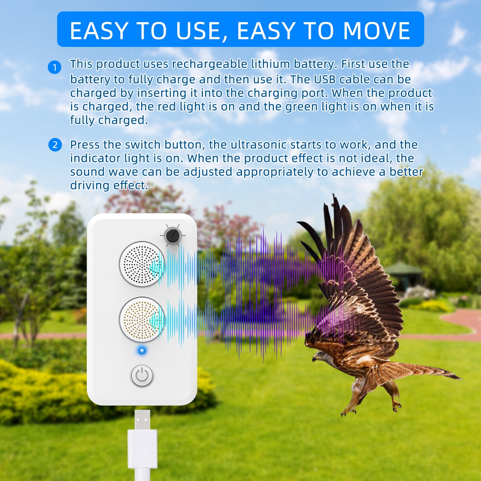 JahyElec 2 Pack Ultrasonic Bat Repellent Devices for Attic Porch House,Rechargeable Bats Exclusion Device for Indoor Outdoor Use Adjustable Bat Deterrent System Friendly to Human and Pet