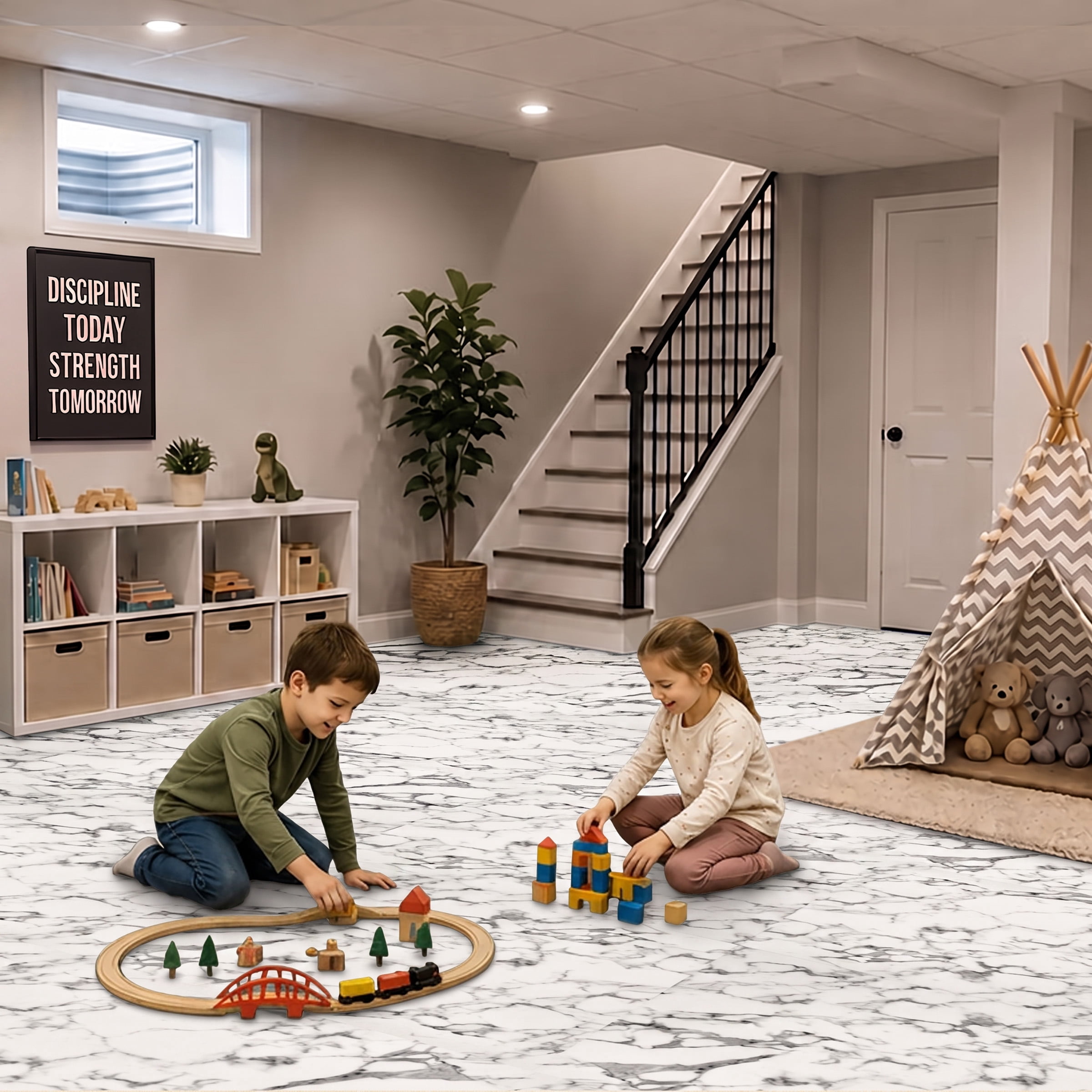 Sorbus Waterproof Wood Grain Foam Floor Tiles, 16 Tiles, 64 Sq Ft, Interlocking, White Marble