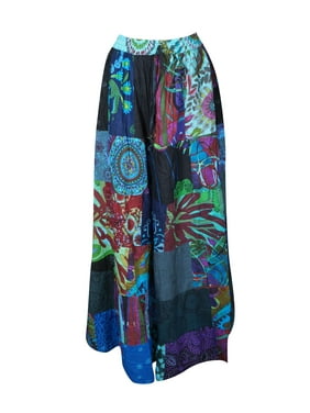 Mogul Women Patchwork Bohemian Cotton Long Skirts with Mixed Floral Patches Elastic Waist SM