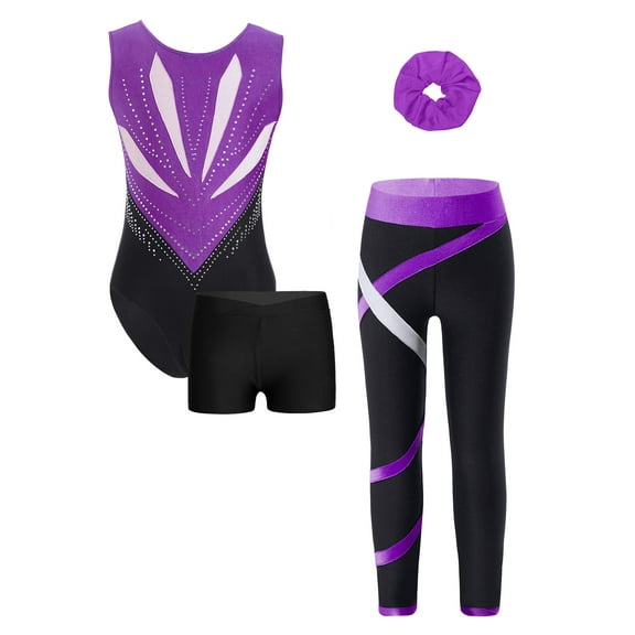 vastwit Gymnastics Outfit for Girls 4pcs Figure Ice Skating Training Suit Dance Leotard with Shorts Leggings Hairband Hot Pink&Black 10