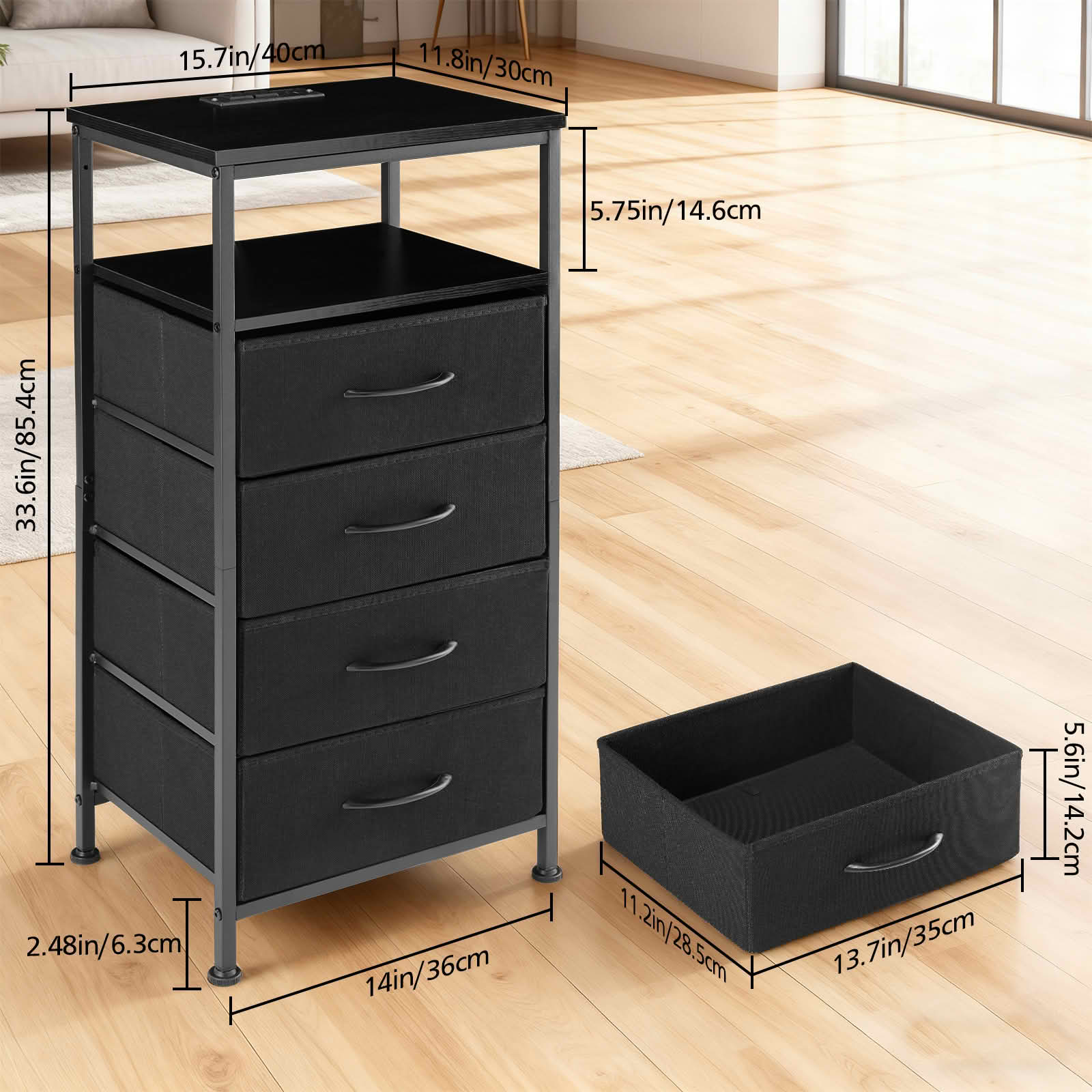 MAYEERTY Nightstand with Charging Station, 4 Fabric Drawers USB/Type-C Ports Outlets, Bedroom End Table，Black