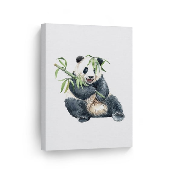Smile Art Design Cute Panda Eating Bamboo Watercolor Painting Animal Canvas Wall Art Print Nature Safari Tropical Exotic Wildlife Living Room Bedroom Kids Baby Nursery Decor Ready to Hang - 22x15