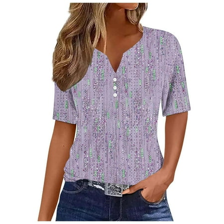 Jewelreauty Women Casual Eyelet T Shirts Summer V Neck Button Short Sleeve Tops Basic Tunic Tee Blouses (S  Purple)