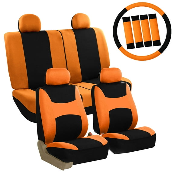 FH Group Light & Breezy Seat Covers for Auto, 4 Headrests Full Seat with Steering/Belt Pad Cover, Orange and Black