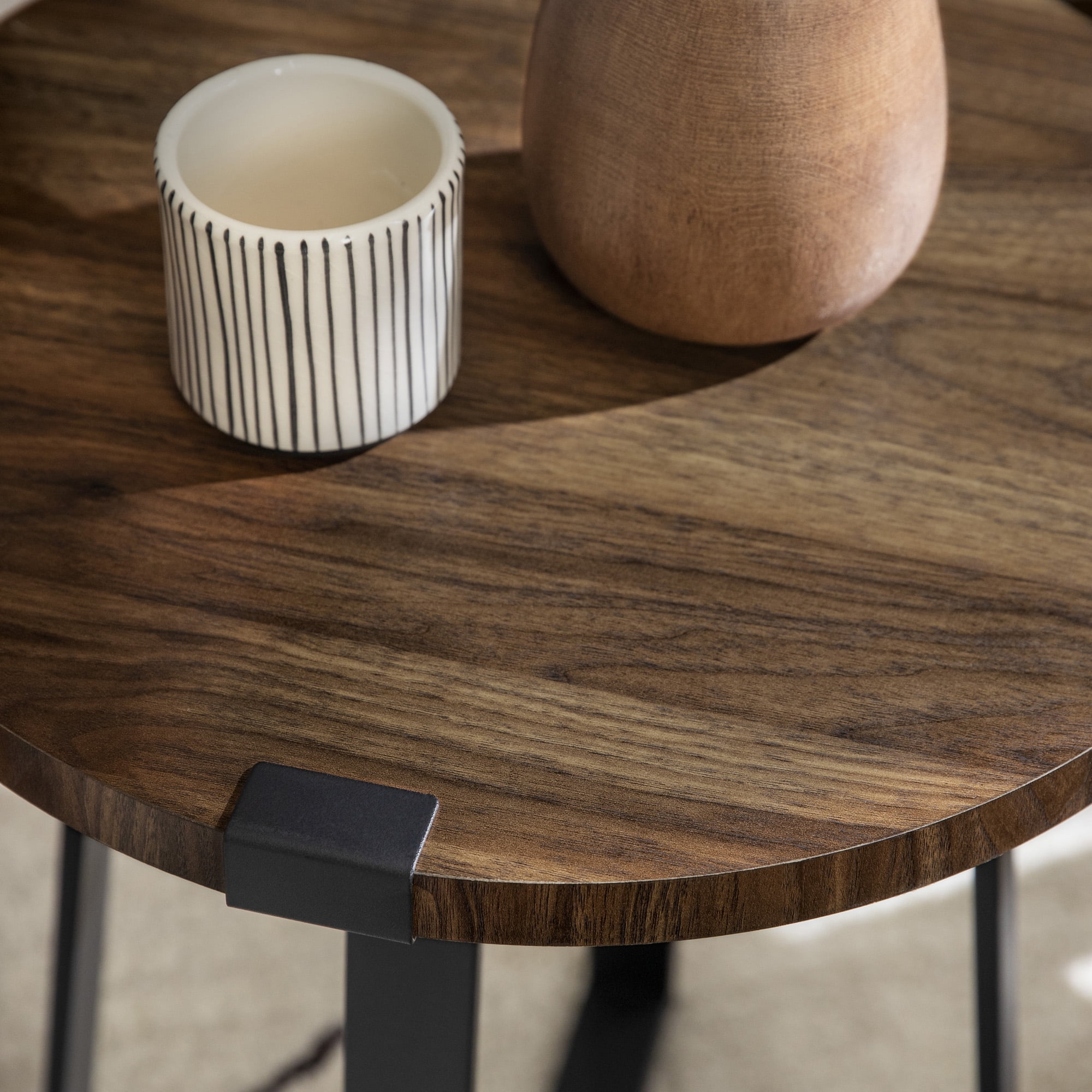 Walker Edison Rustic Wood and Metal Round End Table, Dark Walnut