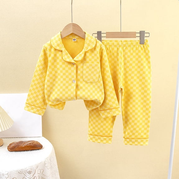 Fall Winter Outfit Set New Children's Spring Checkered Printed Lightweight Long Sleeve V-Neck   Pants Home Clothes Pajama Set Style B-3 Yellow 140