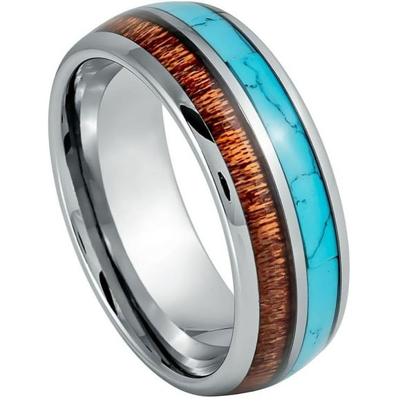 Ring for Men and Ladies Dome Ring Turquoise & Koa Wood Inlay – 8mm Wedding Band Ring Ideal Rings for Couples