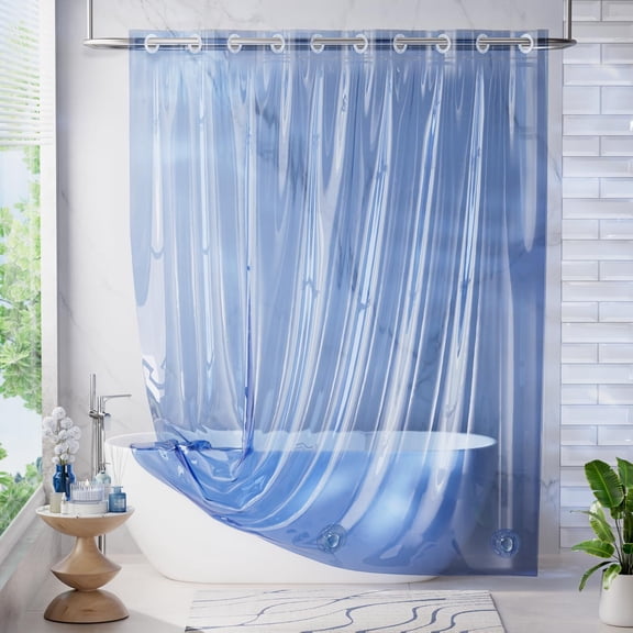 AmazerBath No Hook Shower Curtain and Liner 3-in-1, Luxury Heavy Duty Clear Blue No Hook Shower Curtain Liner, 72x75 Cute 100% EVA Bathroom Weighted Plastic Shower Curtain with 3 Heavyweight Stones