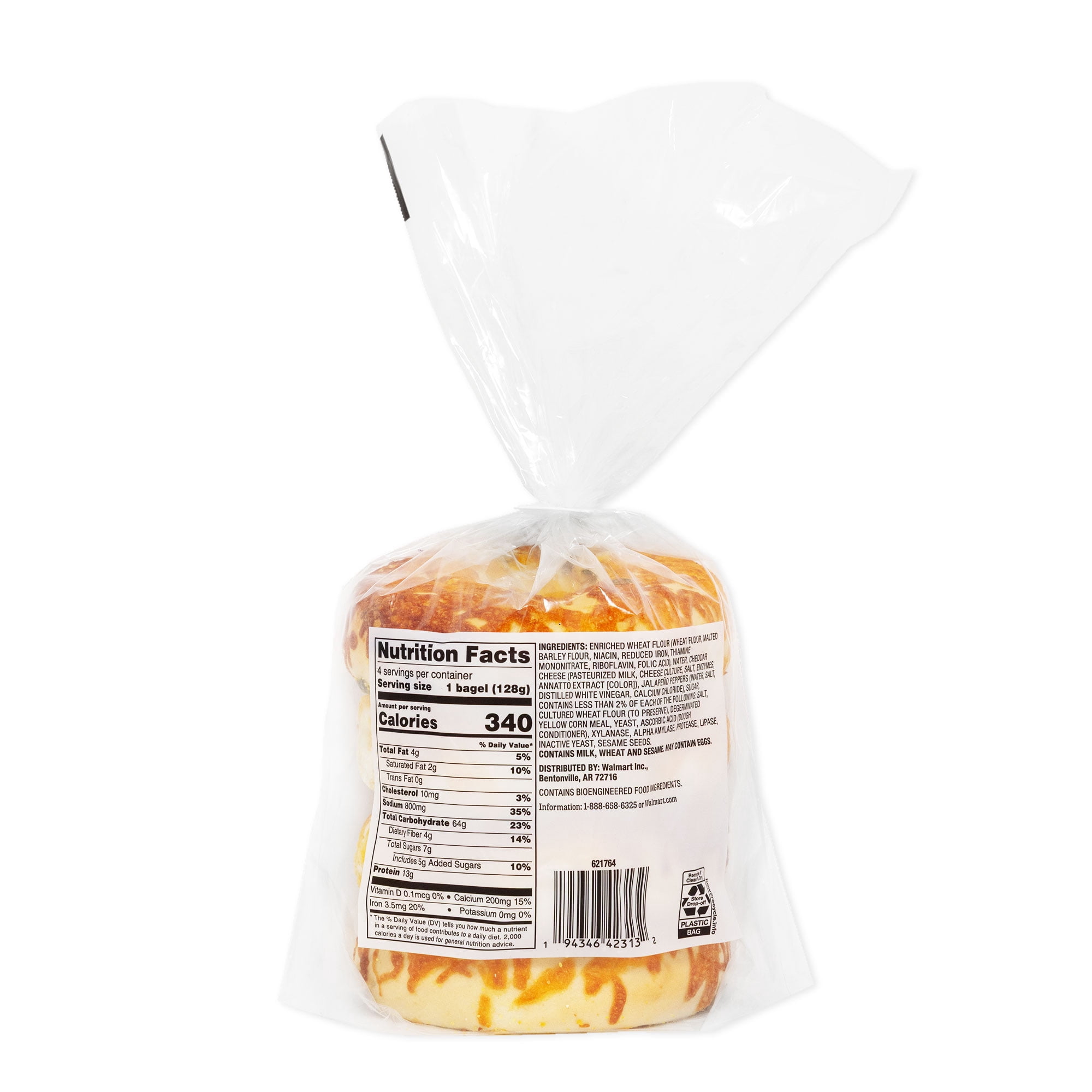 Marketside Fresh Jalapeno Cheddar Bagels, Wheat and Barley Flour, Shelf-Stable, 18 oz, 4 Count