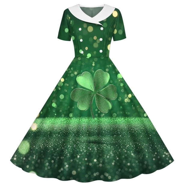 Vestido de manga corta con cuello en V, estampado del Día de San Patricio, para niñas, de manga corta, elástico, corte A, estilo patinador con volantes, para recital escolar, de manga corta, con cuell