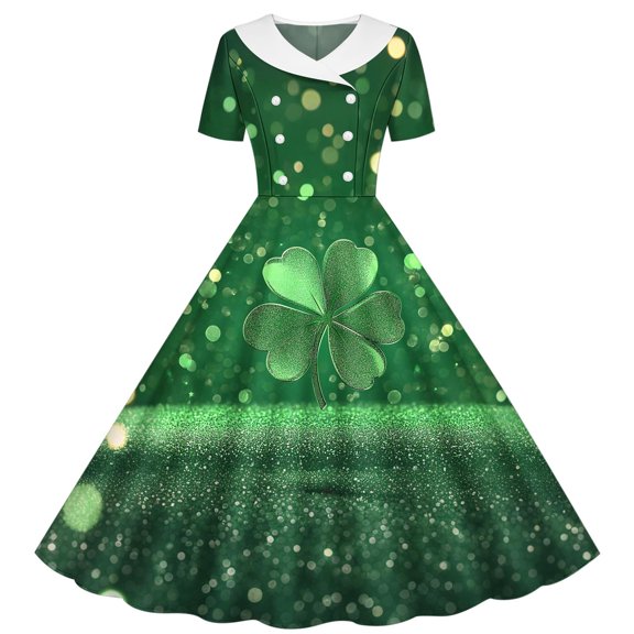 SERTG Girls Holiday Celebration Dress St Patricks Print Short Sleeve A-Line Skater School Recital Twirl Comfort Fit Stretch Party Dress(Navy,7-8 Years)