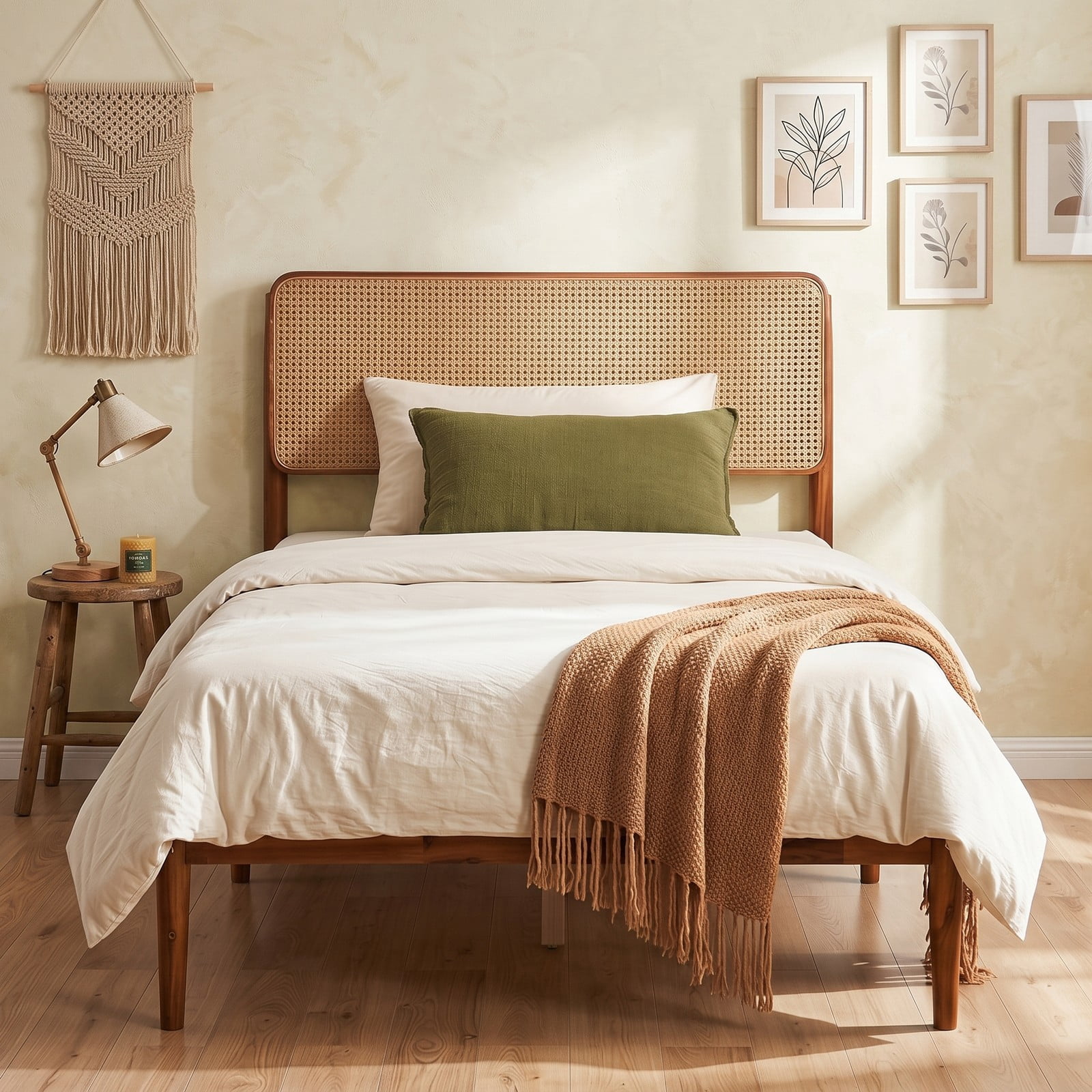 Furnibear Twin Bed Frame with Storage, Boho Rattan Wood Platform Bed with Acacia Wood Slat Support and Woven Headboard, No Box Spring Needed, Brown