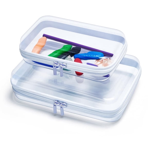 Clear Hard Shell Zipper Case, Upgraded Thicker Transparent Plastic Bins for Organizing, See Through Zipper Pouches Makeup Case, Lidded Storage Bins Organizer for Storage Cosmetics (S M)