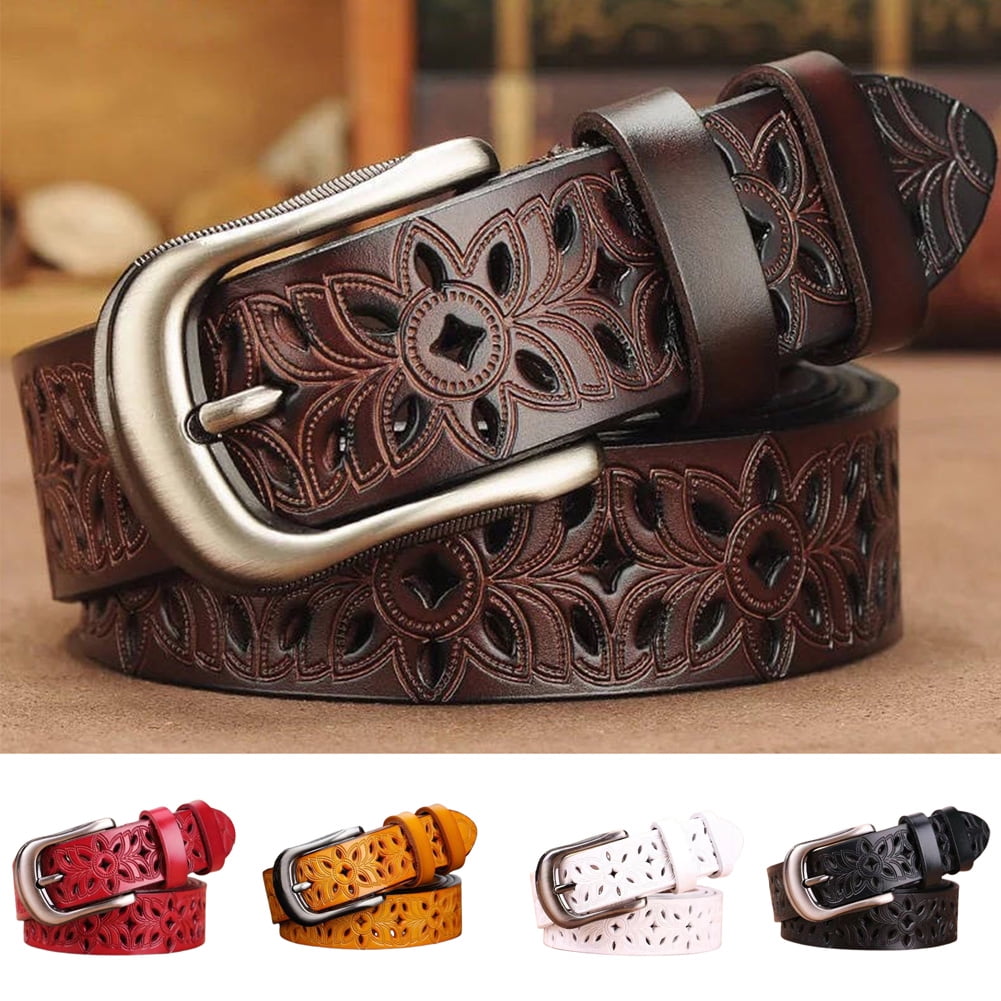 DGROEE Women's Retro Belt, Hollow Flower Leather Belt for Jeans Pants