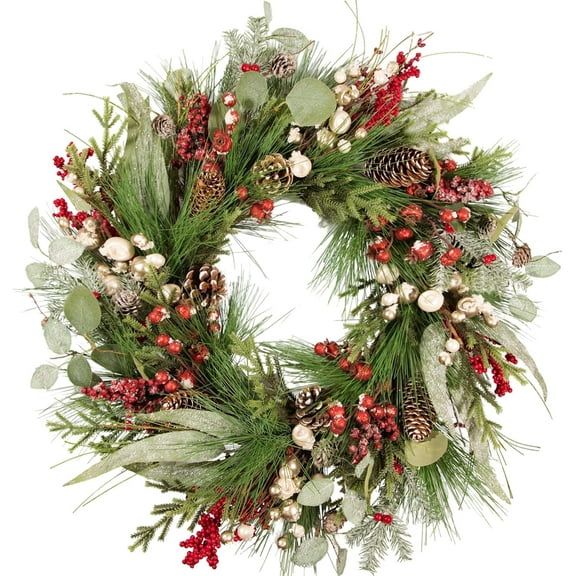 24 Inch Luxury Christmas Wreath, Full Artificial Wreath with Eucalyptus, Red & Gold Berries, Pomegranates, and Mixed Pinecones for Elegant Front Door, Porch, or Wall Holiday Decor