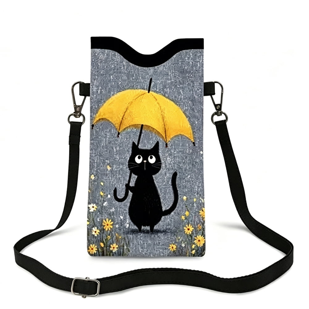 Black Cat Shockproof Soft Shell Sleeve Cell Phone Case with Adjustable Strap for ALL Phones under 6.7 Inches, Black