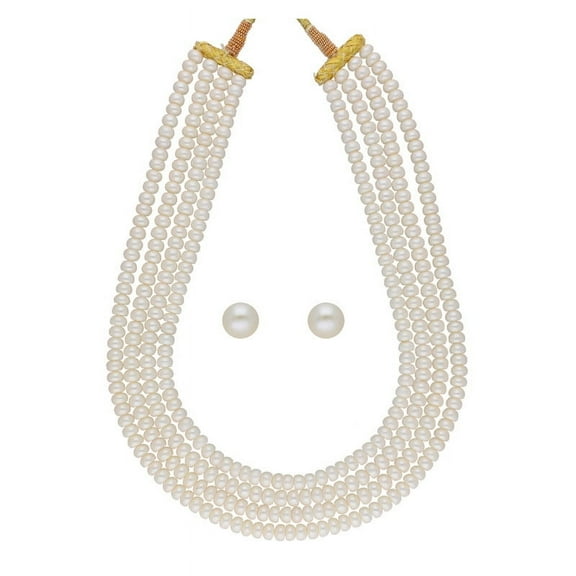 Round Real Freshwater 5mm Pearls 4 Lines Necklace Set For Women