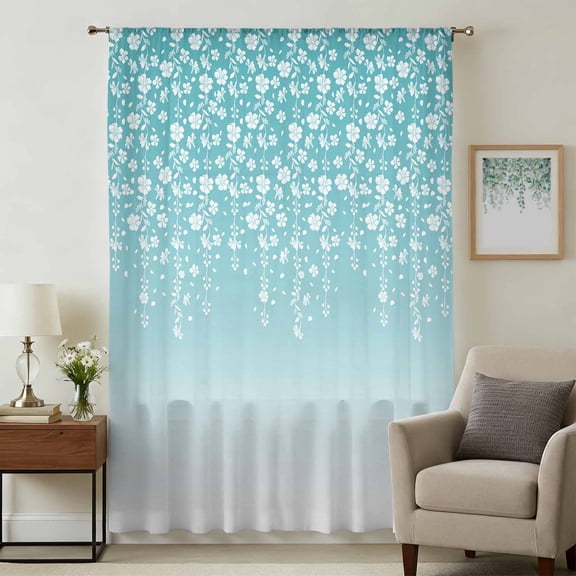 Weeping Flowers Sheer Curtains 72 Inches Long, Teal Ombre Spring Floral Botanical Art Light Filering Curtains, Breathable Simi Curtain Privacy Drapes for Living Room Bedroom Window Treatment