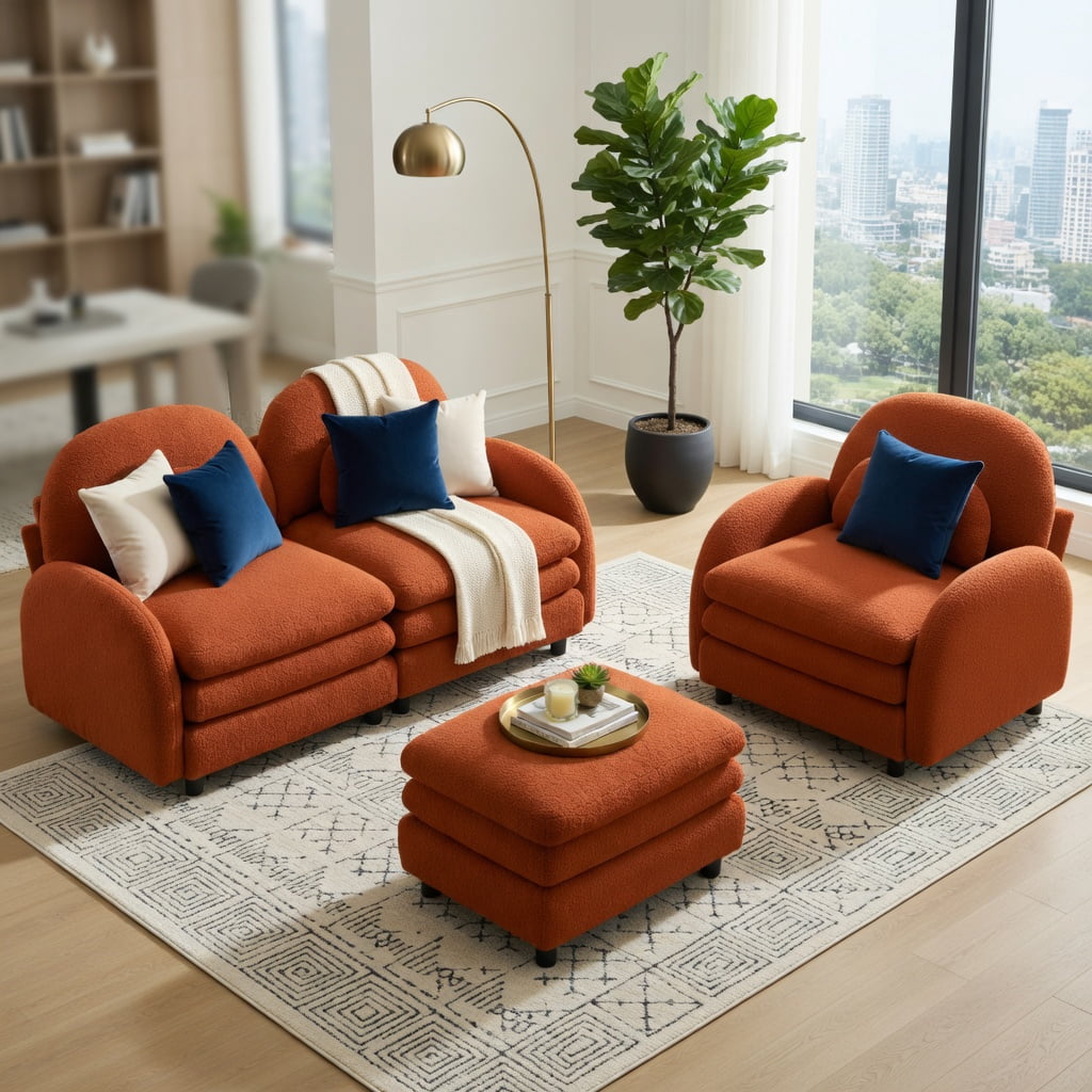 Hommoo Teddy Fleece 3-Seat Modular Sectional Sofa with Curved Backrest, Movable Ottoman & Cloud-Like Double-Layer Cushions, Orange