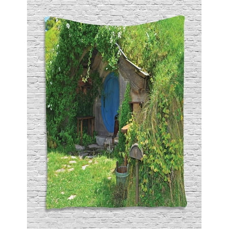 Hobbit House - Hobbits Tapestry, Fantasy Hobbit Land House in Magical Overhill Woods Movie Scene New Zealand, Wall Hanging for Bedroom Living Room Dorm Decor, 60W X 80L Inches, Green Brown Blue, by Ambesonne