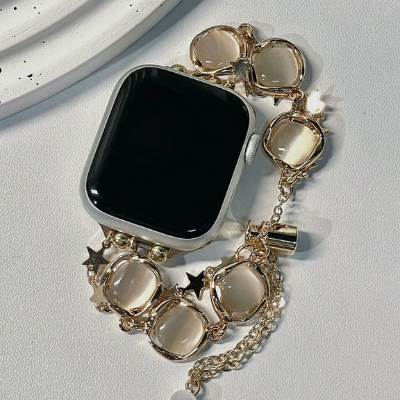 Compatible with Apple Watch 38/40/41/42mm(S10) Metal Strap Bracelet,Women Fashion Opal and Metal Strars Double-chain Design,Elegant Adjustable Wristband Bracelet Strap,Gold