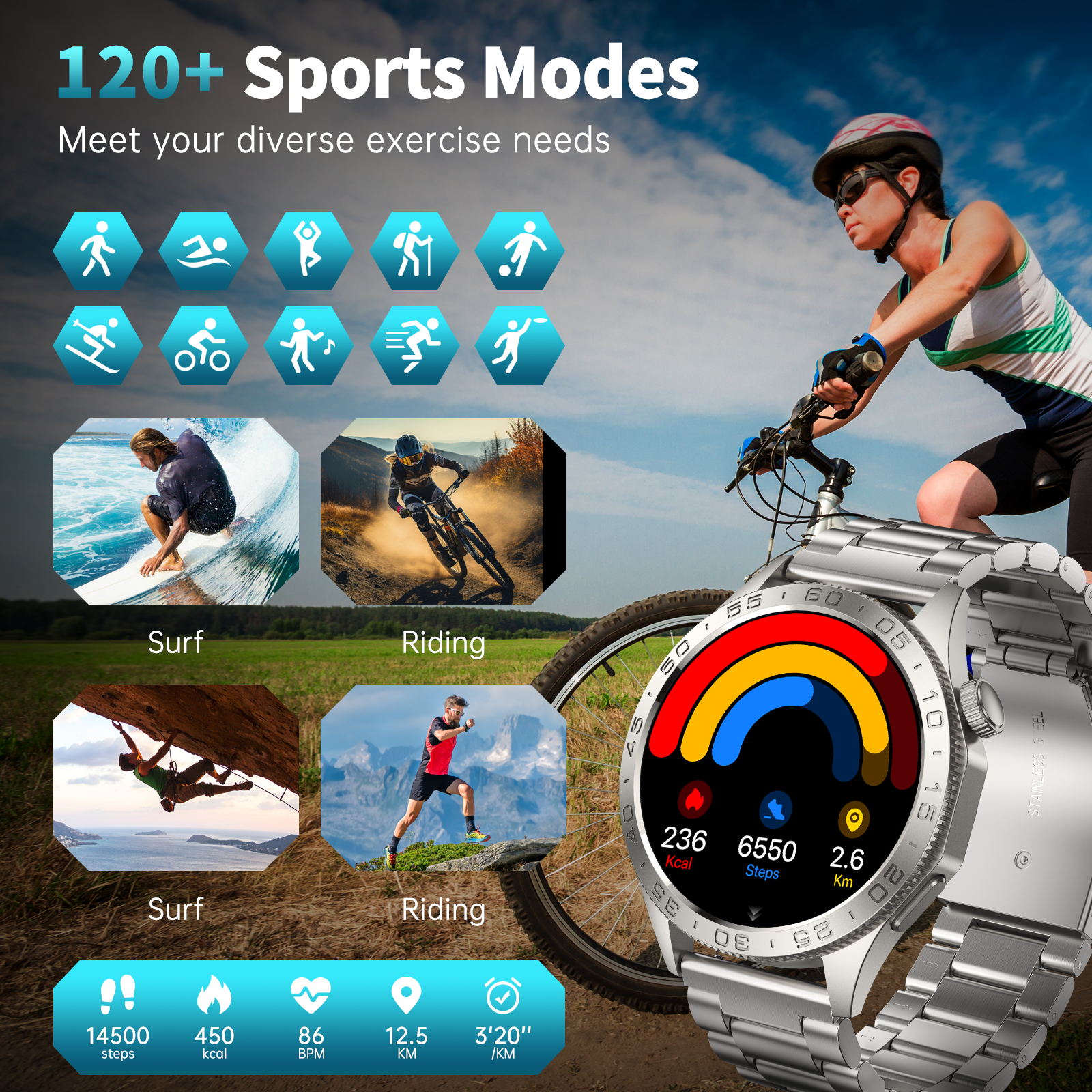 Tikland Smart Watch, 1.43'' AMOLED, 100 Sports Modes, Silver Steel photo 2