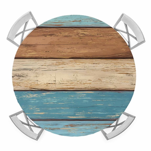 Elastic Fitted Round Tablecloth, Farmhouse Light Blue Brown Waterproof Stretch Table Cover for 45"-54" Tables, Vintage Wooden Striped Washable Outdoor Tablecloths for Patio, Picnic, Camping