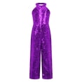 thumbnail image 3 of iiniim Combinaison de Danse Sans Manches à Col Halter pour Filles, Dos à Sequins, une Pièce, Jambes Larges, Violet 6, 3 of 7