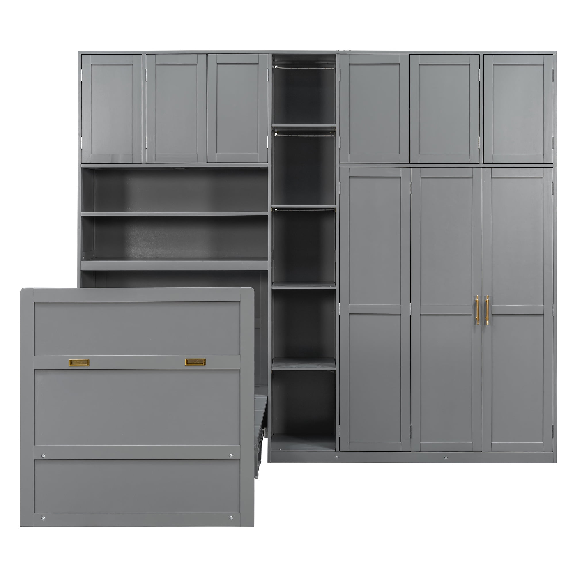 Mintazer Twin Murphy Bed with Wardrobe & LED Shelves, Modern Folding Cabinet Bed with Storage for Bedroom Apartment Guest Room, Gray