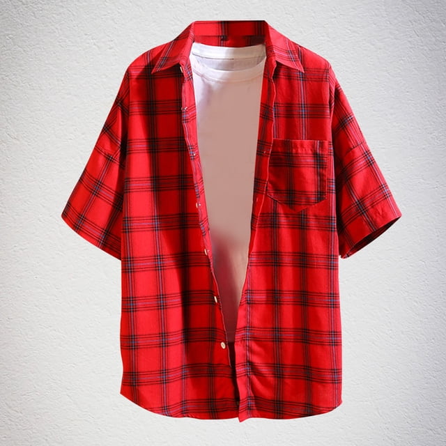 Blusa y camisa de manga larga con cuello vuelto para hombre, informal, de manga corta, con bolsillo, a la moda, a cuadros, con solapa, blusa de poliéster para hombre