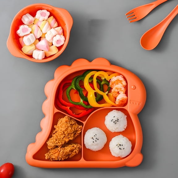 ACDANC Silicone Toddler Plates with Spoon Fork Bowl Set,Baby Divided Dinosaurs Plates Self Feeding Training Baby Dinner Plate Set
