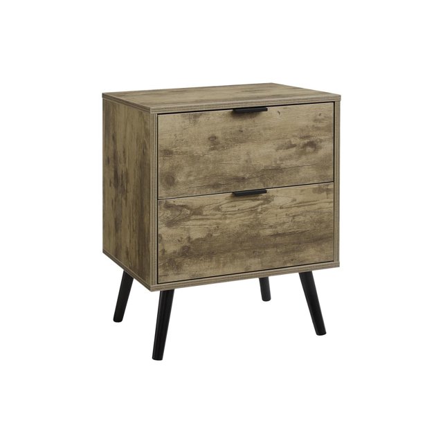 Monarch Specialties modern accent table with walnut laminate finish, two storage drawers, and black tapered legs for bedroom or living room use.