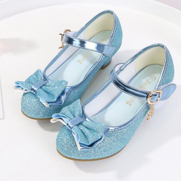 Low Heel Glitter Princess Shoes for Girls, Non-slip Mary Jane Dress Shoes with Bow and Charm Detail Blue 27