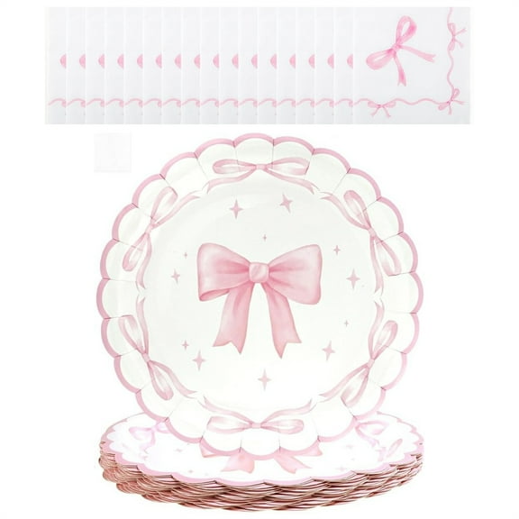 Scheam Set of 40 Coquette Bow Plates and Napkins,Disposable Party Plates Serve 20,Cute Bowknot Themed Tableware Set,for Bachelorette Bridal Wedding Birthday Table Decorations (Pink)
