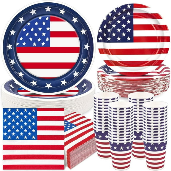OYIGU Independence Day Party Tableware Decoration Set, 4th of July Decorations Patriotic Party Supplies, 24 Disposable Plates, 24 Plastic Cups and 24 Napkin for Independence Day, Memorial Day