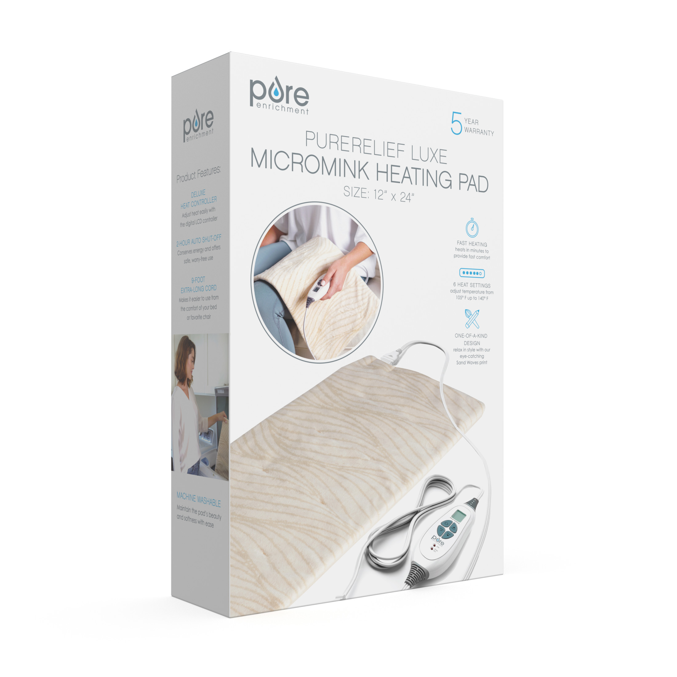 Pure Enrichment PureRelief Luxe Micromink Electric Heating Pad (12”x24”), 6 InstaHeat Settings, Ultra-Soft, Machine-Washable, Auto Shut-Off - For Temporary Pain Relief (Sand Waves Designer Print)