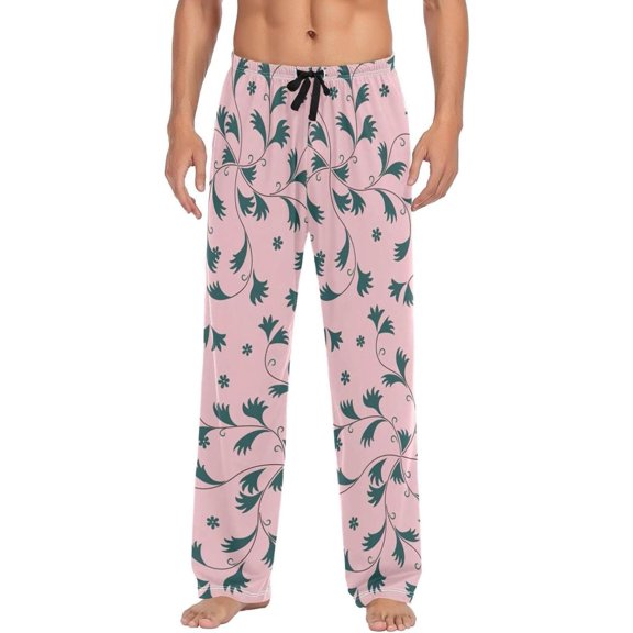 Pink Plant Pattern Ghost Pajama Pants, Men's Lounge Pants Light with Drawstring and Pockets, Christmas New Year Birthday Father's Day Gifts, Medium
