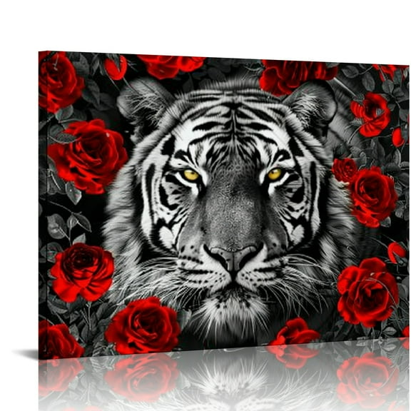 COMIO Large Black and White Tiger Canvas Wall Art Animal Wildlife Cool Tiger in Burgundy Red Flowers Painting Prints Gallery Wrap Artwork for Living Room Bedroom Home Office (Red)