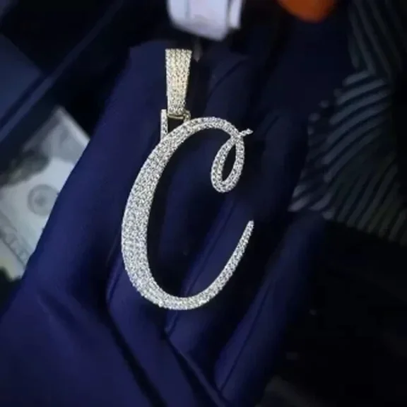 Men's Letter Charm "C" Pendant 2 Ct Round Cut White Moissanite 14K White Gold Plated