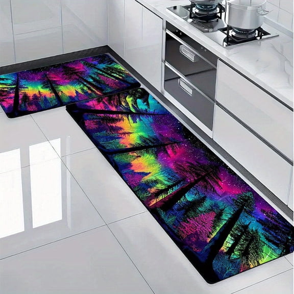 Blacklight Forest Rainbow Kitchen Carpet, Soft Flannel Material, Easy Clean, for Bedroom Living Room Dining Kitchen Bathroom Mat