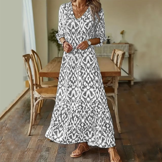 EGNMCR Robes de Fête pour Femmes Mode Robe Décontractée de Printemps et d'Été pour Femmes à Col en V avec Boutons, Manches Trois-Quarts, Imprimée