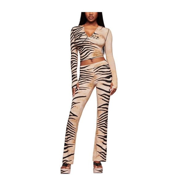Women Printed Hoodie Set Long Sleeve Thumb Hole Top Flared Pants Outfit