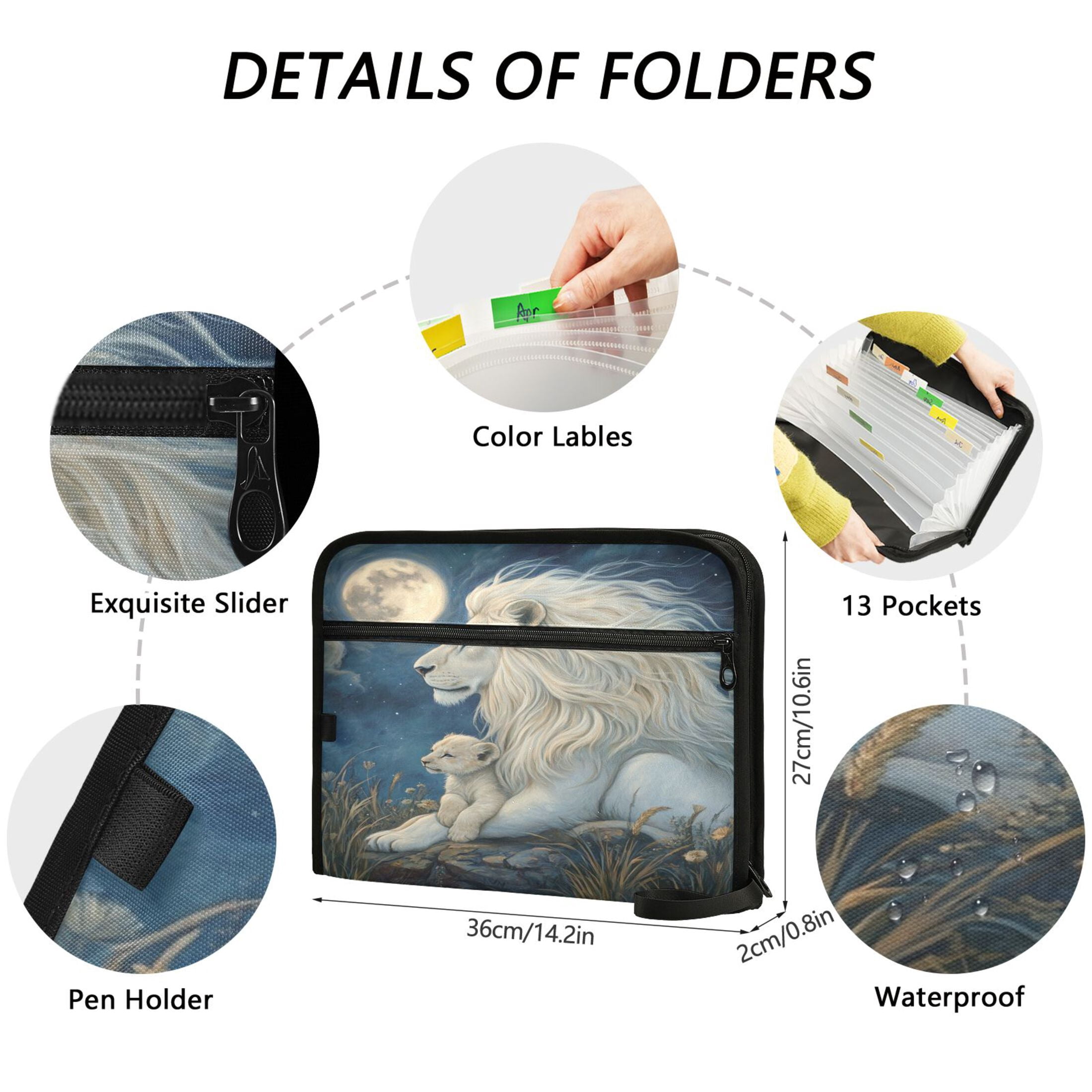 WOBOGO White Maned Lion Expanding File Folder Letter Size Accordion Filing Organizer 13 Pocket Separate Organ Pocket