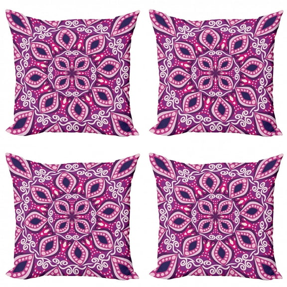 Ambesonne Floral Throw Pillow Cover 4 Pack, Lace Trippy Flowers Leaf, 16", Magenta Pink Plum