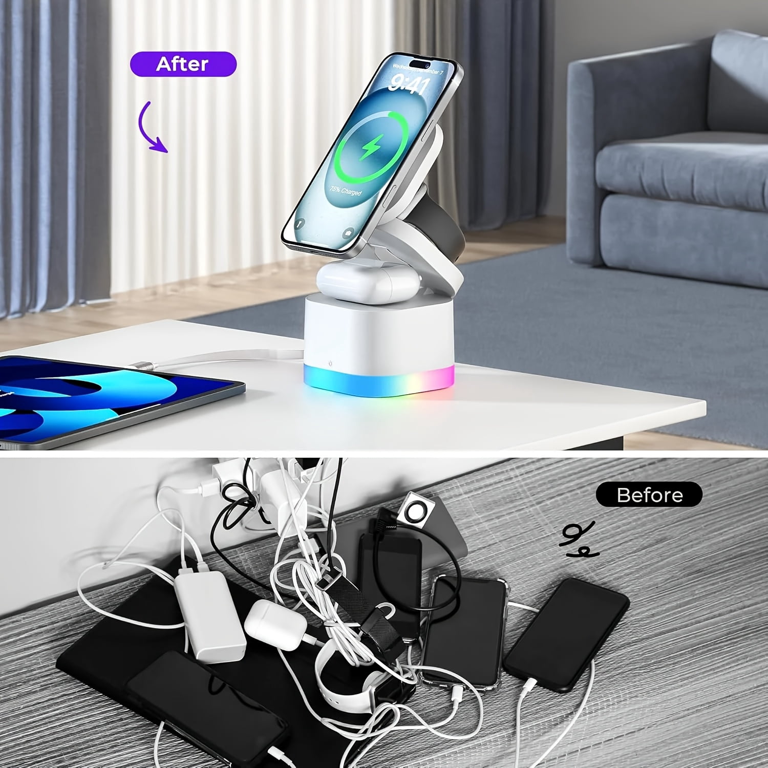 Foldable 5-in-1 Magnetic Wireless Charging Station with RGB Light & Retractable Cable for iPhone 17-12, Apple Watch, Airpods