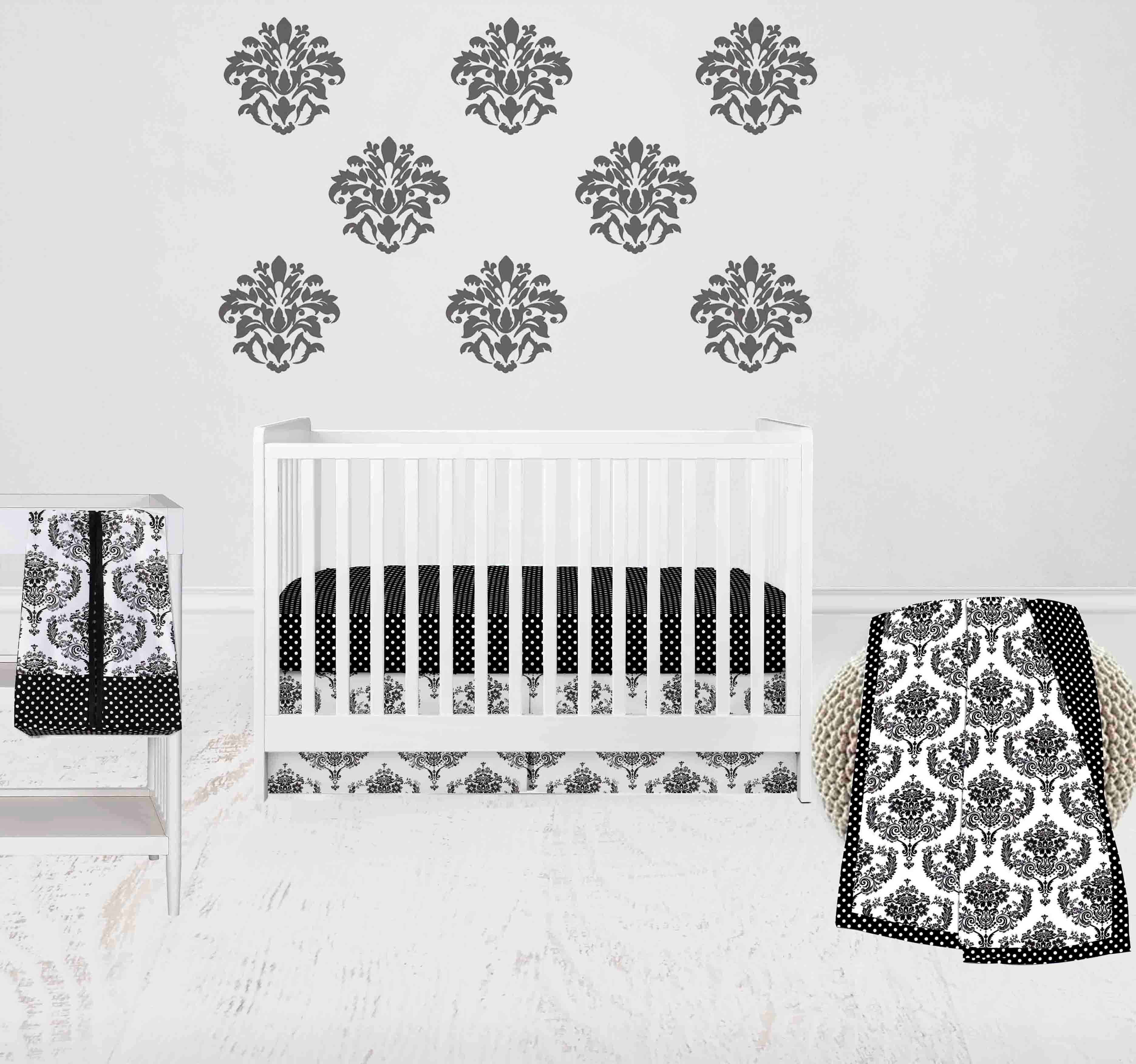 Bacati - Classic Damask 4-Piece Crib Bedding Set with Diaper Stacker - Black/Grey/White Unisex
