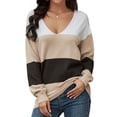 thumbnail image 1 of Women Striped Print Color Block Deep V Neck Long Sleeve Knitted Shirt, 1 of 7